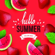 水果海报红色背景夏日水果矢量海报