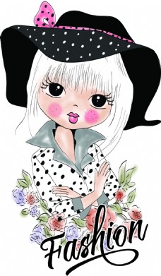 女装花卉装饰手绘日韩系女孩插画矢量