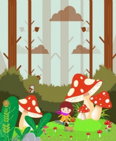 绿树梦的背景的女孩大蘑菇五彩卡通图标矢量