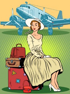 飞机场机场等飞机的美女插画