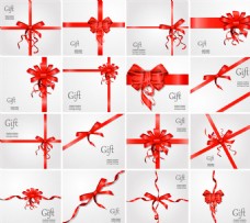 礼物装饰16款红色丝带蝴蝶结装饰礼物卡片矢量图