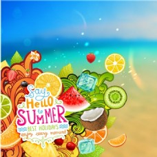 沙滩上的水果夏日矢量背景