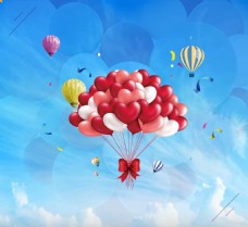 爱心气球飞舞蓝天白云上唯美简约背景图