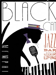 爵士音乐黑猫爵士乐音乐海报矢量图下载