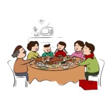 高兴卡通人物一家人吃饭png元素