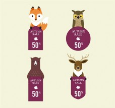 动物创意4款创意动物装饰折扣标签矢量图