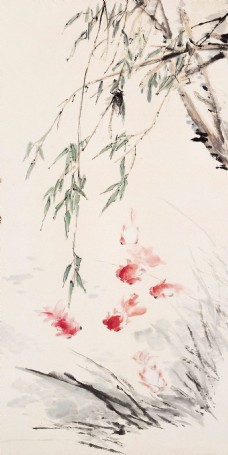 中国风水墨金鱼柳玄关装饰画背景墙