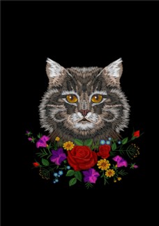 矢量花卉猫咪花朵花卉刺绣矢量图下载