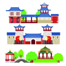 建筑素材蓝色屋顶扁平化中国古代建筑房屋矢量素材