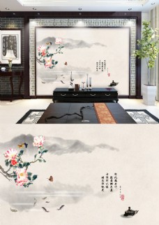 中国风山水花鸟鱼画写意风景背景墙