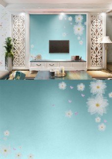 现代简约淡雅蓝色花朵透明质感背景墙
