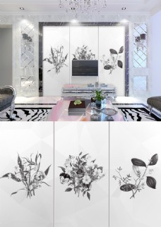 现代简约黑白灰花朵图案简洁背景墙