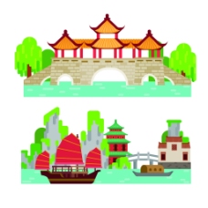 扁平化中国古代建筑房屋矢量素材
