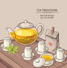茶杯手绘时尚中国茶艺插画