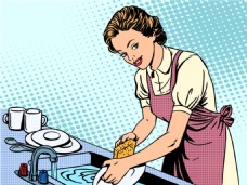 人物漫画厨房洗碗的女人海报漫画风格人物矢量素