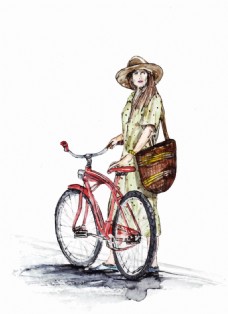 水彩绘骑自行车的女生
