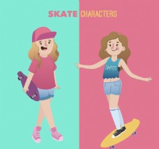 2款卡通玩滑板的女孩矢量