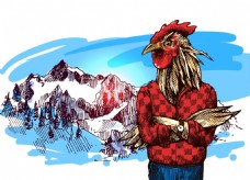 拟人动物穿着毛衣的公鸡雪山冬季动物拟人装饰画矢量