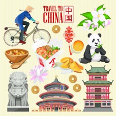 建筑卡通卡通中国地标美食建筑人物扁平化旅游矢量