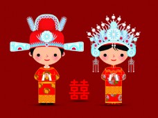 红色中式婚礼卡通新人矢量设计素材