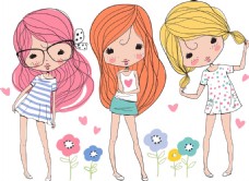 手绘三个可爱的女孩插画