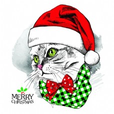 手绘猫咪动物圣诞节海报矢量