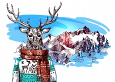拟人动物卡通麋鹿雪山冬季动物拟人装饰画矢量