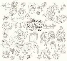 手绘线条冬季圣诞雪人涂鸦矢量背景