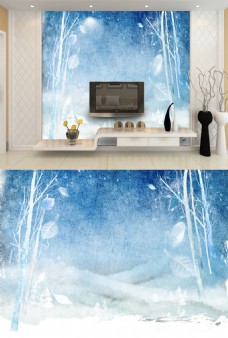 现代简约淡雅蓝白树雪景背景墙