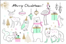 动物创意可爱卡通动物线稿圣诞节创意卡片矢量