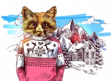 狐狸雪山冬季动物拟人装饰画矢量