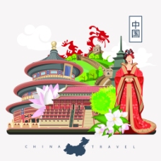 荷花中国传统文化人物扁平化旅游矢量设计素材