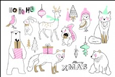 动物创意手绘卡通动物线稿圣诞节创意卡片矢量