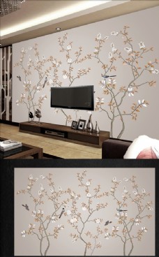 新中式手绘花鸟背景墙