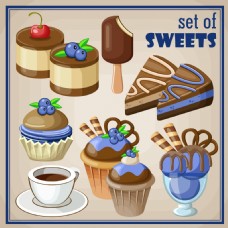 咖啡蓝莓巧克力蛋糕插画