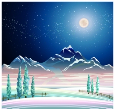 月光下的雪山风景插画