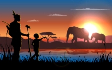 夕阳下的非洲动物插画