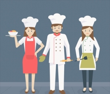 吃货美食三位卡通男女厨师插图