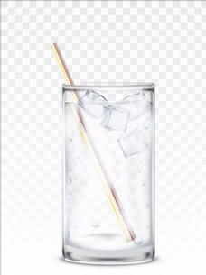 玻璃风格写实风格玻璃杯里的冰块吸管水