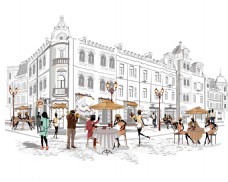 咖啡手绘速写风格欧洲街头场景