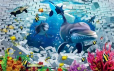 海豚世界3D科幻海豚海底世界背景墙墙画壁画
