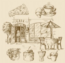 手绘速写咖啡厅插画