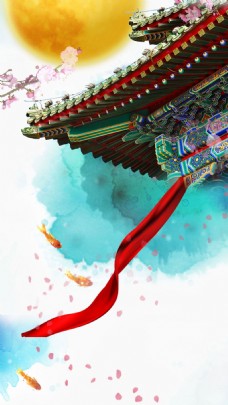 彩色花纹屋檐丝带中秋节H5背景素材