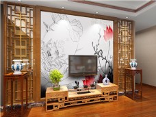 中式背景墙客厅效果图模版