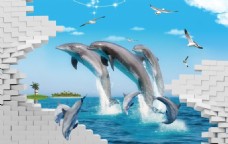 3D立体感海洋海豚湾背景墙墙画壁画