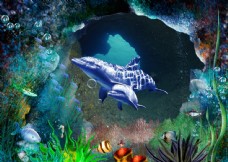 海豚世界3D立体海底世界海豚戏水背景墙墙画壁画