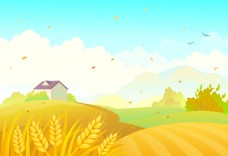 小麦丰收的田野风景插画