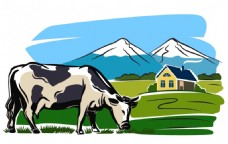 雪山牧场里的奶牛插画