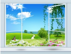 3D橱窗田野白云背景墙
