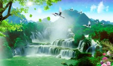 3D山水瀑布壁画风景背景图